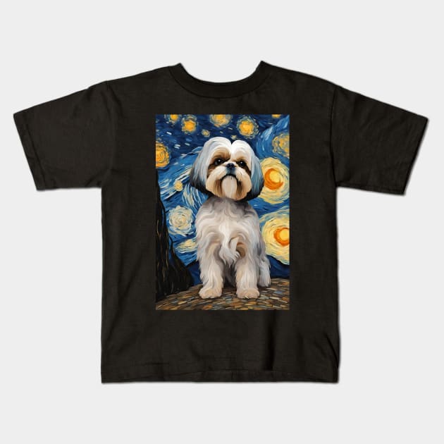 Shih Tzu Dog Breed Painting in a Van Gogh Starry Night Art Style Kids T-Shirt by Art-Jiyuu